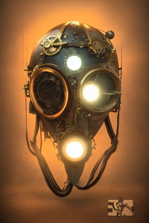 Image similar to steampunk mask minimalist fantasy art robot ninja helmet, global illumination ray tracing hdr fanart arstation by sung choi and eric pfeiffer and gabriel garza and casper konefal radiating a glowing aura