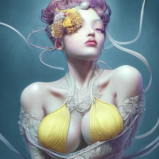 Prompt: the portrait of a sensual lemon that resembles an absurdly beautiful, graceful, elegant gravure idol covering herself looking up, an ultrafine hyperdetailed photograph by kim jung gi, irakli nadar, intricate linework, bright colors, octopath traveler, final fantasy, unreal engine 5 highly rendered, global illumination, radiant light, detailed and intricate environment