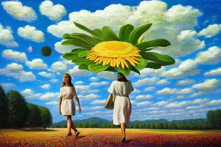 Image similar to giant daisy flower head, woman walking, surreal, clouds in sky, impressionist painting, digital painting, artstation, rob gonsalves