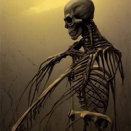 Prompt: A portrait of Skeleton by Zdzisław Beksiński and Ilya Repin,In style of Post-Apocalyptic.digital art, illustration,hyper detailed,smooth, sharp focus,trending on artstation,oil on the canvas,4k
