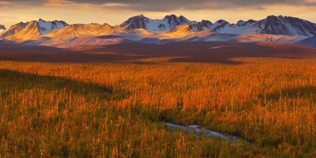 Prompt: yukon valley landscape in golden hour with red bearberry plants, high detail, high definition, 8k,