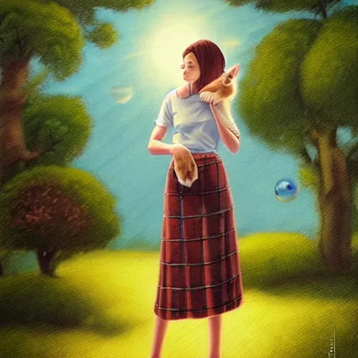 Prompt: a photorealistic detailed cinematic portrait image of a slim woman in striped tshirt and plaid skirt thinking about her dead pet rabbit. emotional, compelling, by pinterest, david a. hardy, kinkade, lisa frank, artgerm, range murata, salvador dali, wpa, public works mural, socialist
