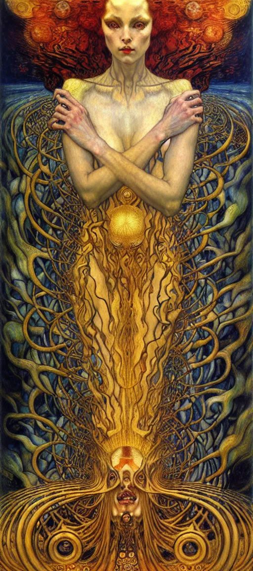 Image similar to Divine Chaos Engine by Karol Bak, Jean Delville, William Blake, Gustav Klimt, and Vincent Van Gogh, symbolist, visionary