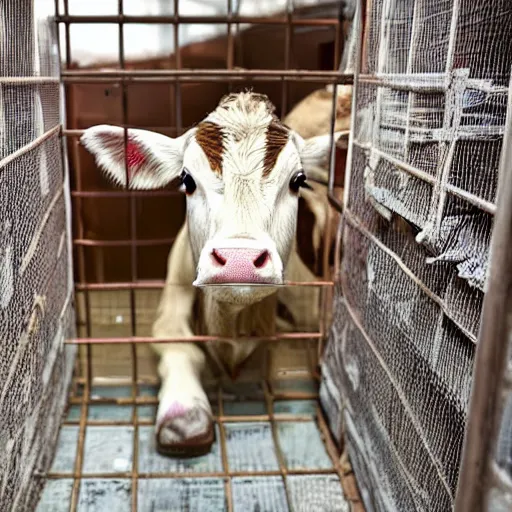 Prompt: calf inside a cage looking a bottle of milk