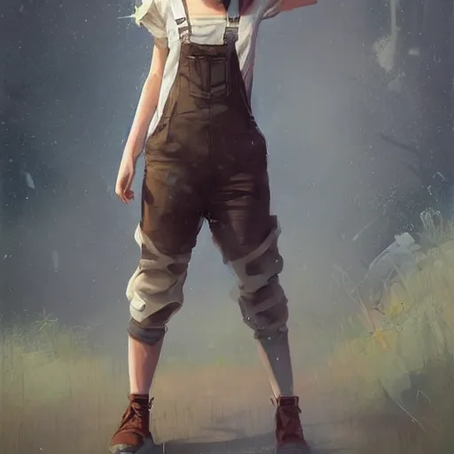 Image similar to portrait, Female adventurer, soft eyes and narrow chin, dainty figure, single strap paint covered overalls, short shorts, combat boots, raining, basic white background, style of by Jordan Grimmer and greg rutkowski, crisp lines and color,