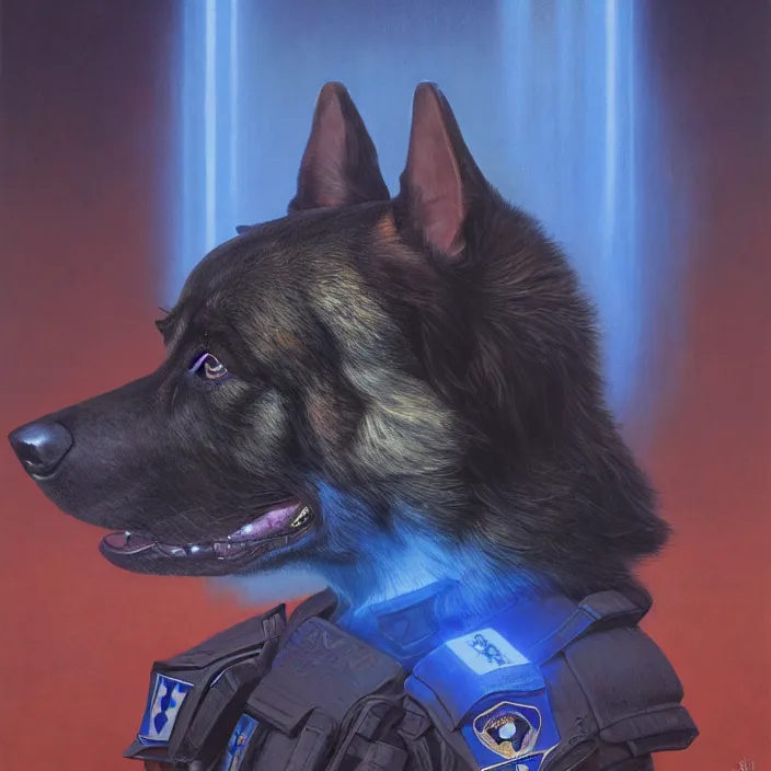 Prompt: cinematic bust portrait of psychedelic police dog with police blue light on head, blue light and siren, police dog, head and chest only, desaturated, tim hildebrandt, wayne barlowe, bruce pennington, donato giancola, larry elmore, oil on canvas, masterpiece, featured on pixiv, cinematic composition, dramatic pose