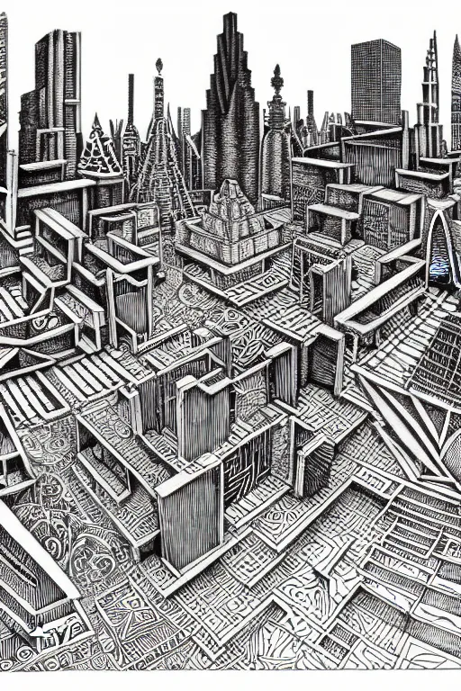 Image similar to a black and white drawing of a mayan temple cityscape, a detailed mixed media collage by hiroki tsukuda and eduardo paolozzi and moebius, intricate linework, sketchbook psychedelic doodle comic drawing, geometric, street art, polycount, deconstructivism, matte drawing, academic art, constructivism