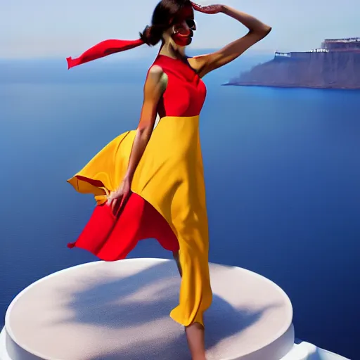 Image similar to beautiful modern dancer wearing a red and yellow and blue swirling dress, standing on a Santorini terrace looking down into the ocean, trending on artstation, cinematic, unreal 5, DAZ, hyperrealistic, octane render, dynamic lighting