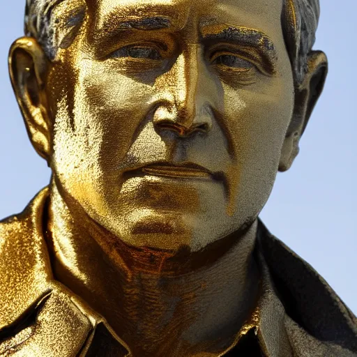 Image similar to george w. bush golden statue starting to melt, drips of molten metal ground angle, uhd 8 k, sharp focus