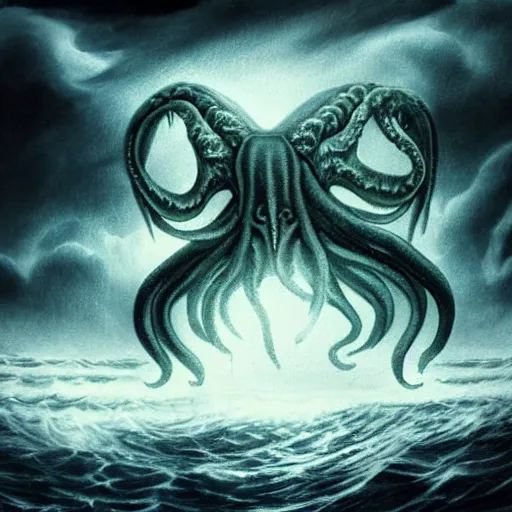 Image similar to cthulhu rising above the ocean, ominous, dark clouds, storm, lighting storm, lovecraft