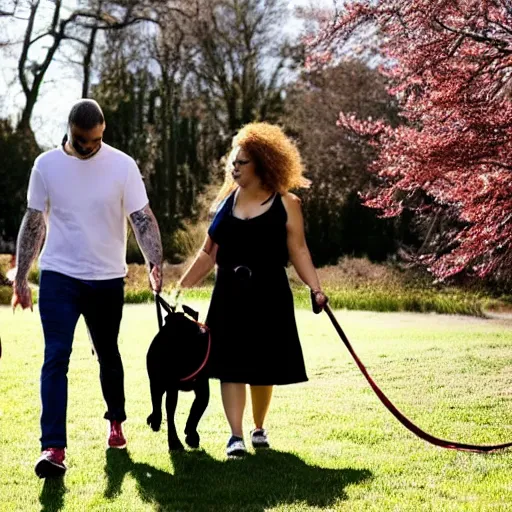 Image similar to a man and a woman walking in park holding hands a french bulldog with a leash