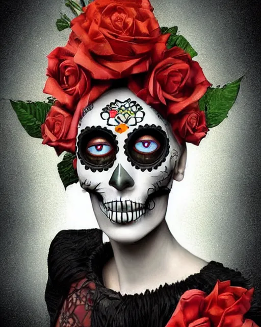 Image similar to dia de los muertos theme surrealist art in the styles of igor morski, jim warren, and a tim burton film, intricate, hyperrealistic, accurate facial details, profile picture with chromakey!!!!! background, volumetric lighting