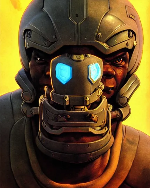 Prompt: doomfist from overwatch, aggressive expression, character portrait, portrait, close up, concept art, intricate details, highly detailed, vintage sci - fi poster, retro future, in the style of chris foss, rodger dean, moebius, michael whelan, and gustave dore