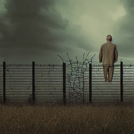 Image similar to a dystopian matte painting of a scared man standing in front of a fence with barbed wire, by jeffrey smith, tim biskup, behance contest winner, wallpaper, digital illustration