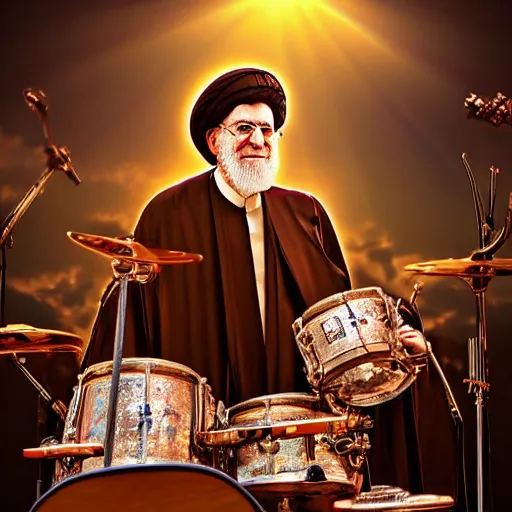 Image similar to khamenei playing drums in heavy metal band in heaven, high definition, trending on artstation, unreal engine, photorealistic, high resolution,, trending on deviantart, hdr, hyper detailed, insane details, intricate, elite, ornate, elegant, luxury, dramatic lighting, 1 0 6 6 3 8 1 0 9 0