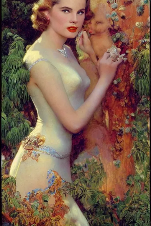 Image similar to A young and extremely beautiful Grace Kelly explaining the birds and the bees in the style of a modern Gaston Bussière, art nouveau, art deco, surrealism. Extremely lush detail. Perfect composition and lighting. Profoundly surreal. Sultry look on her face.