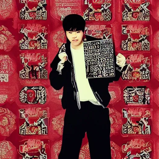 Prompt: Jay Chou holding mahjong tile looking stylish, painted by Kerry James Marshall , ultra detailed, textures, wall paper patterns , romantic vintage poster, wong kar wei , Stanley Kubrick, cinematic lighting