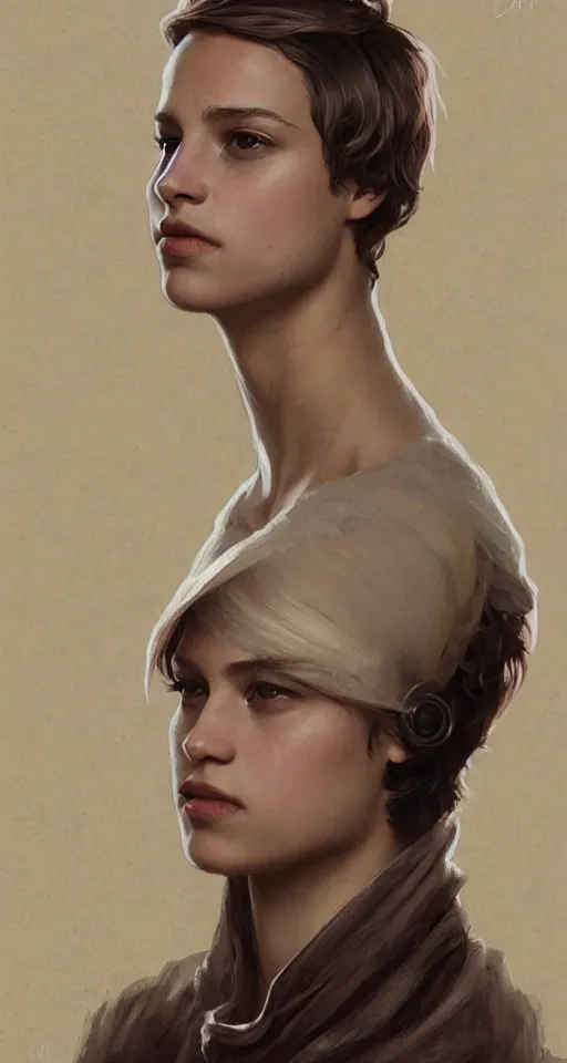 Image similar to character portrait of Alicia Vikander as a nonbinary androgynous teenager with very short hair, relaxing mood, intricate, wild, highly detailed, digital painting, artstation, whole body, concept art, smooth, sharp focus, illustration, art by artgerm and greg rutkowski and alphonse mucha