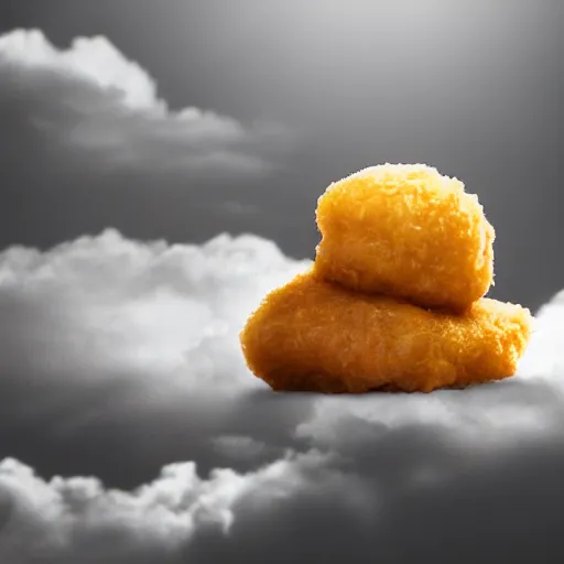 Prompt: happy chicken nugget resting on a cloud, dramatic lighting, high contrast