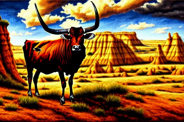 Image similar to a oil panting of a longhorn steer on a bluff in utah badlands, in the style of johfra bosschart, digital painting, extremely moody, highly detailed, sharp focus, illustration, key visual, unreal engine