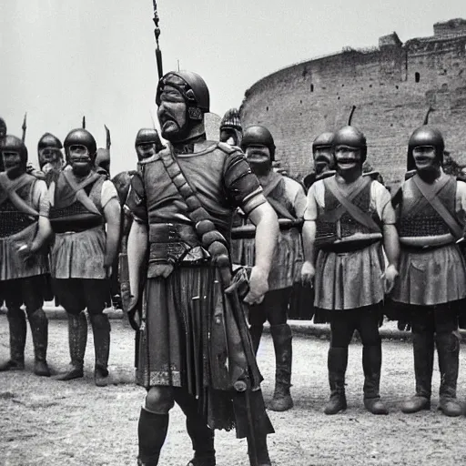 Prompt: photograph of a roman soldier in front of his army, ancient rome, movie picture, colour photograph