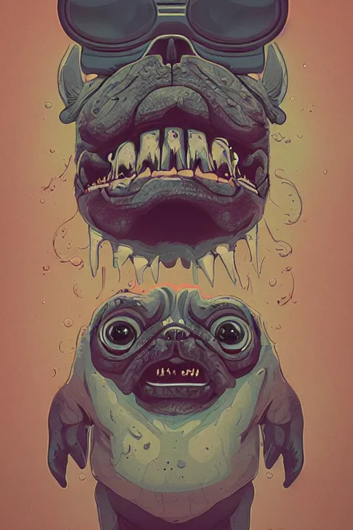 Image similar to demon pug eating flesh. art by mike winkelmann, sticker, illustration, highly detailed,