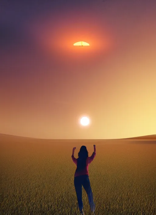 Prompt: a yellow landscape with houses, big red orb in the sky, behind the landscape, a girl levitating above the landscape by miraruido, volumetric lighting, 8 k