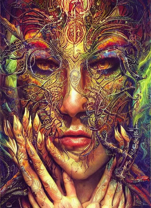 Image similar to ayahuasca ritual with shamans, painted face, third eye, energetic consciousness psychedelic, dmt, epic surrealism expressionism symbolism, perfect, by karol bak, louise dalh - wolfe, pablo amaringo, masterpiece