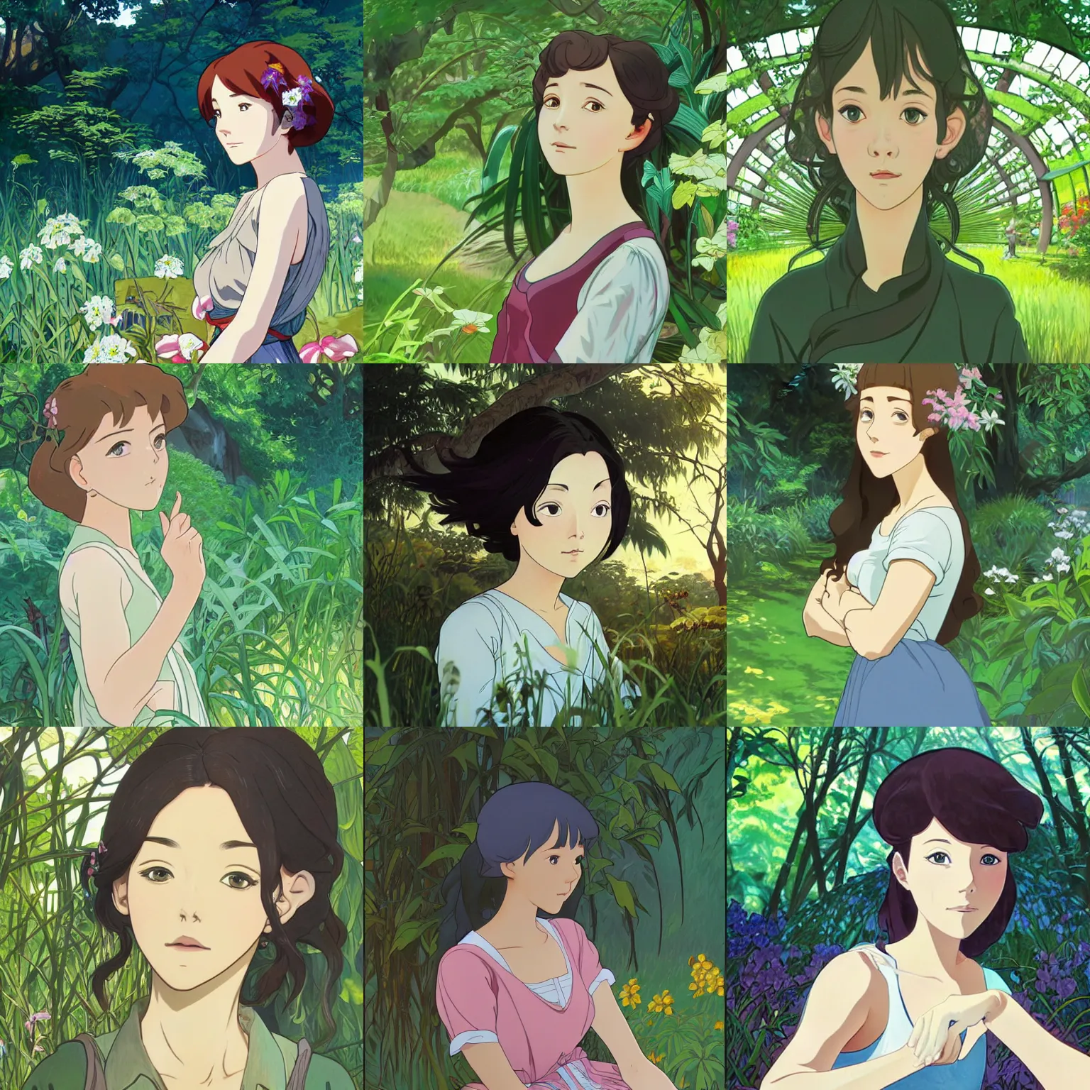 Prompt: Character portrait of a young woman in a lush park, focus on facial features, large eyes, highly detailed, cel shading, Studio Ghibli still, by Makoto Shinkai and Alphonse Mucha