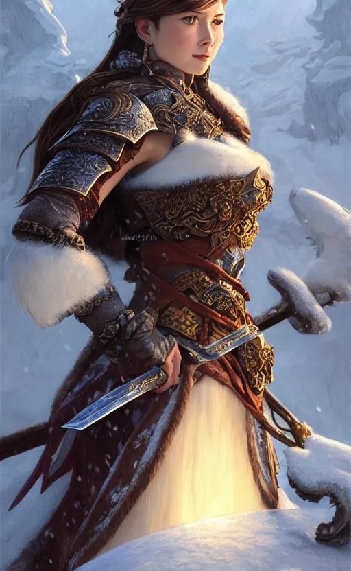 Image similar to azure viking warrior, regal, elegant, winter, snow, beautiful, stunning, hd, illustration, epic, d & d, fantasy, intricate, elegant, highly detailed, wide angle, digital painting, artstation, concept art, smooth, sharp focus, illustration, wallpaper, art by artgerm and greg rutkowski and alphonse mucha and jin xiaodi