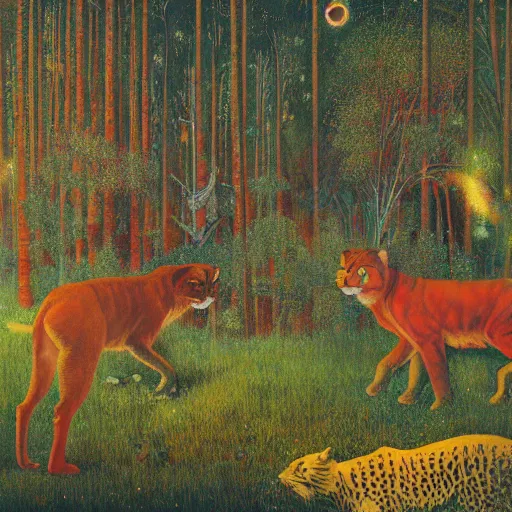 Image similar to psychedelic big cats lush pine forest, outer space, milky way, designed by arnold bocklin, jules bastien - lepage, tarsila do amaral, wayne barlowe and gustave baumann, cheval michael, trending on artstation, star, sharp focus, colorful refracted sparkles and lines, soft light, 8 k 4 k