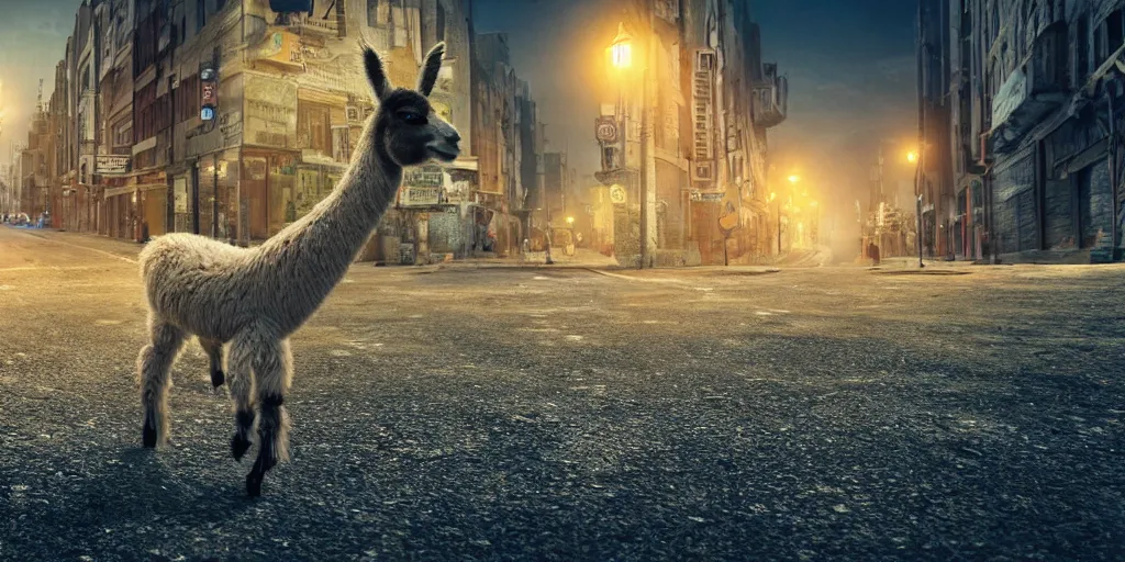 Image similar to a llama walking through a desolate city street at night, realistic 4 k octane beautifully detailed render, 4 k post - processing, highly detailed, intricate complexity, epic composition, magical atmosphere, cinematic lighting, masterpiece, ultra hd