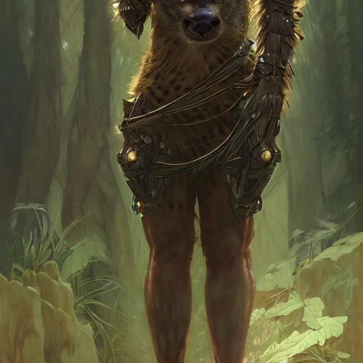 Prompt: photo of a humanoid hyena were a heroic dress an armour in the forest, long hair, highly detailed, digital painting, artstation, smooth, sharp focus, illustration, art by artgerm and greg rutkowski and alphonse mucha