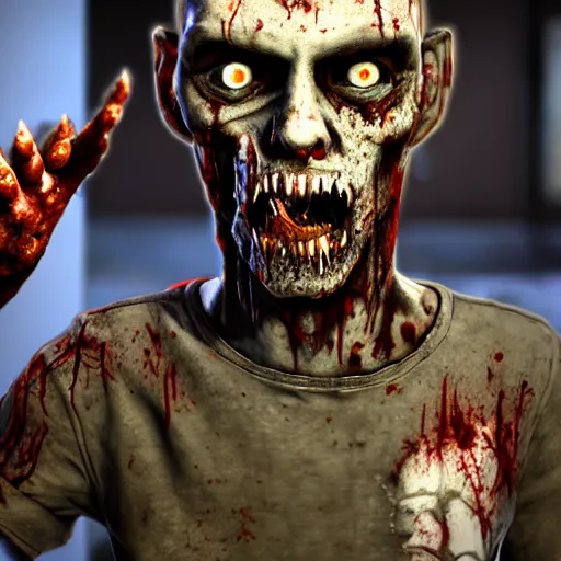 Image similar to highly detailed portrait of a boomer zombie from left 4 dead, style of stephen bliss, in a shopping mall with waterfountain, unreal engine, global illumination, detailed and intricate environment