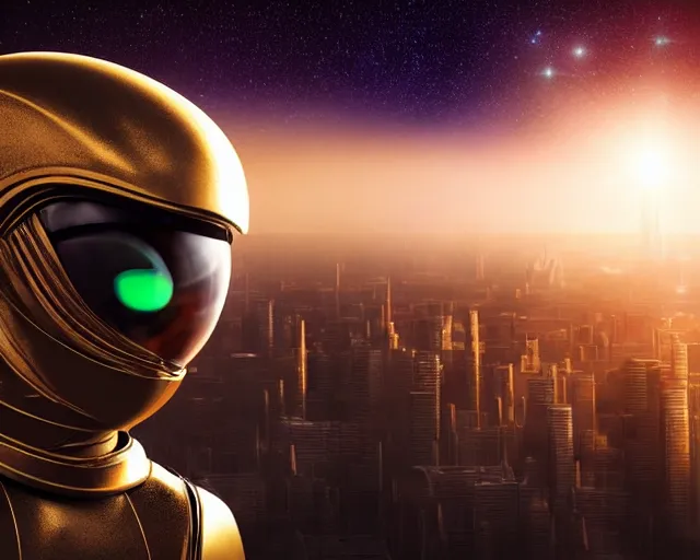 Image similar to closeup of an alien with no helmet wearing a long flowing cloth shirt over stylish large futuristic golden armor suit walking to a tall alien city with buildings and lights in the background, night sky with stars, light fog, beautiful colorful, incredible detail, anamorphic 2 0 mm lens flare