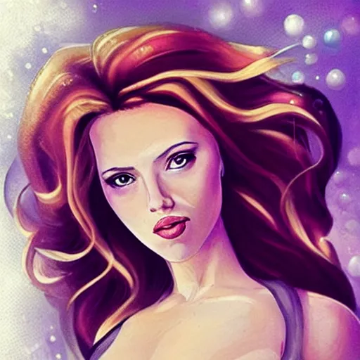 Prompt: “Scarlett Johansson portrait, fantasy, mermaid, cartoon, pearls, glowing hair, ”