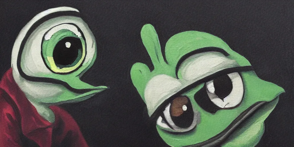 Image similar to sad pepe, big eyes, dark background, crying, emotional painting, high quality, detailed