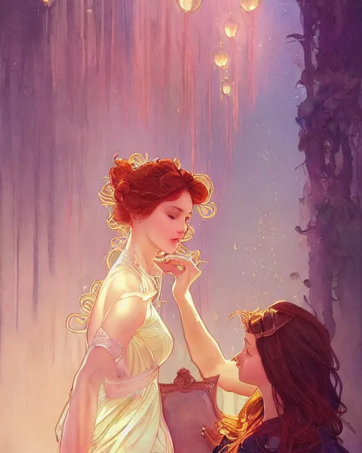 Image similar to secret romance, highly detailed,, gold filigree, romantic storybook fantasy, soft cinematic lighting, award, disney concept art watercolor illustration by mandy jurgens and alphonse mucha and alena aenami, pastel color palette, featured on artstation