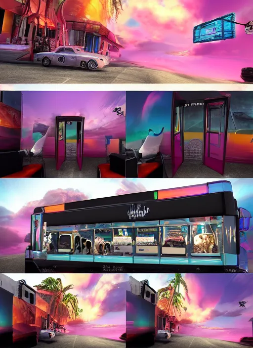 Image similar to iridescent hair salon at sunrise Details to include : * bus * cars * popcorn machine digital art, full shot RPG, official media, beautiful, detailed, high quality, wallpaper 4K, epic, trending on artstation and behance, dynamic lightning ,