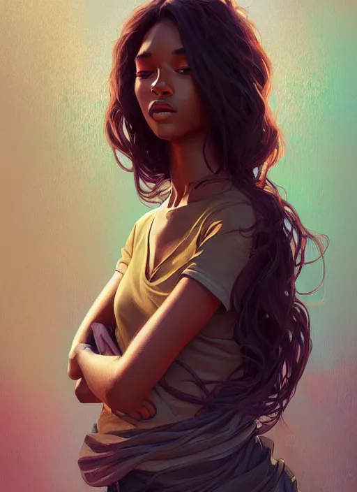 Image similar to handsome young black women with shoulder length brown hair, half body shot, path traced, highly detailed, high quality, digital painting, alena aenami, lilia alvarado, shinji aramaki, karol bak, alphonse mucha, tom bagshaw