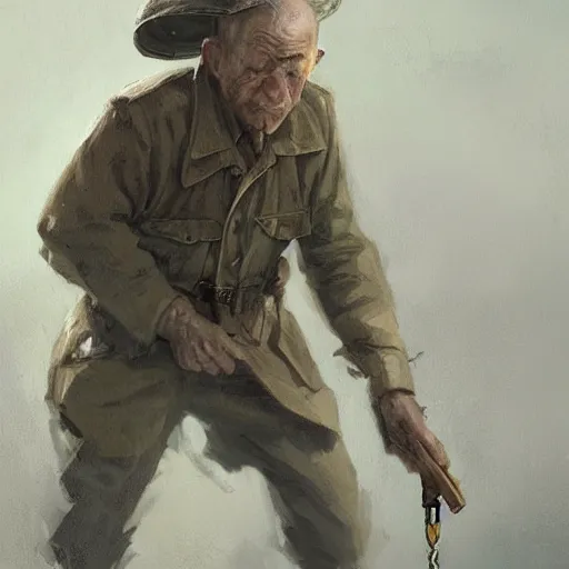 Prompt: old man portrait, ww 2 hand grenade in his left hand, he pulling pin, greg rutkowski art