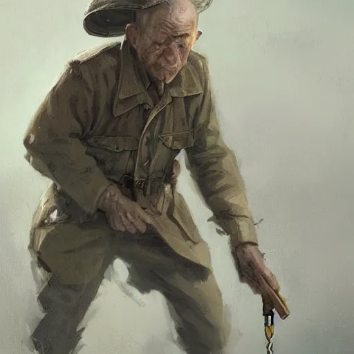 Image similar to old man portrait, ww 2 hand grenade in his left hand, he pulling pin, greg rutkowski art