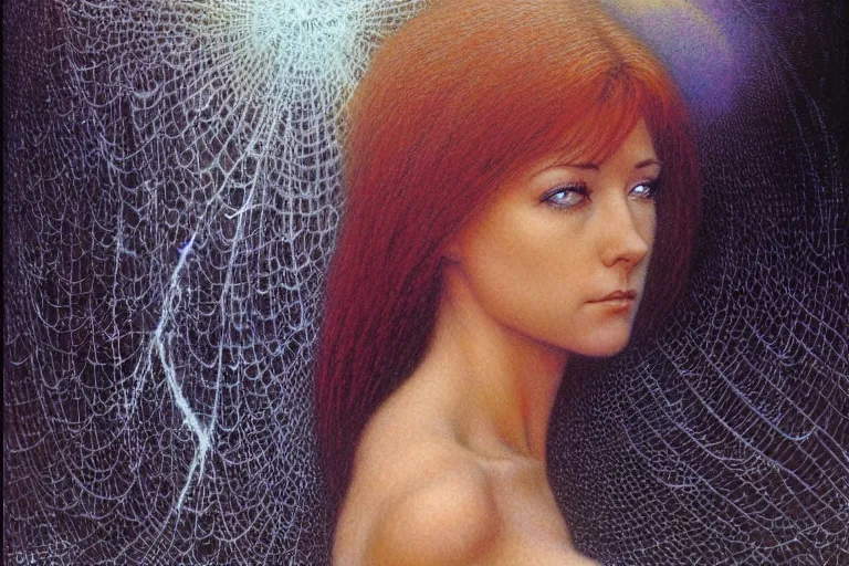 Prompt: cute young alyson hannigan with short hairs in cobweb by jean delville by luis royo and wayne barlowe, beksinski