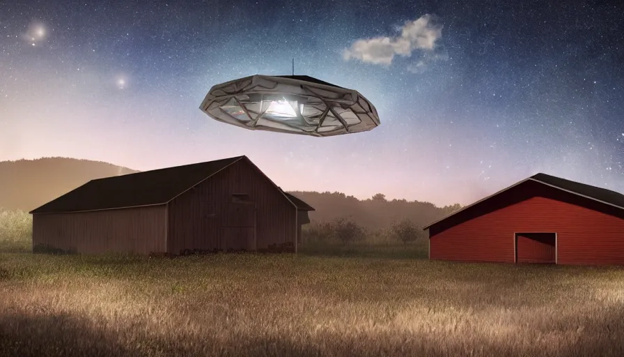 Prompt: a ufo floats over a barn with a broken roof, debris is ascending toward the ufo, volumetric lighting, night, photorealistic rendering, color palette, 8 k, hyperdetailed