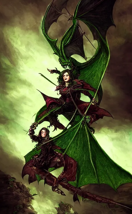 Prompt: epic fantasy dungeons and dragons scene, female halfling rogue, riding on top of a green dragon, green dragon, waterdeep, black hair, rogue, fantasy, red leather corset, cinematic, beautiful lighting, heroic, digital art