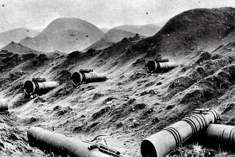 Image similar to 1 5 5 mm artillery in trenches with a beautiful background of hills and mountains, black and white photography, 1 9 2 5