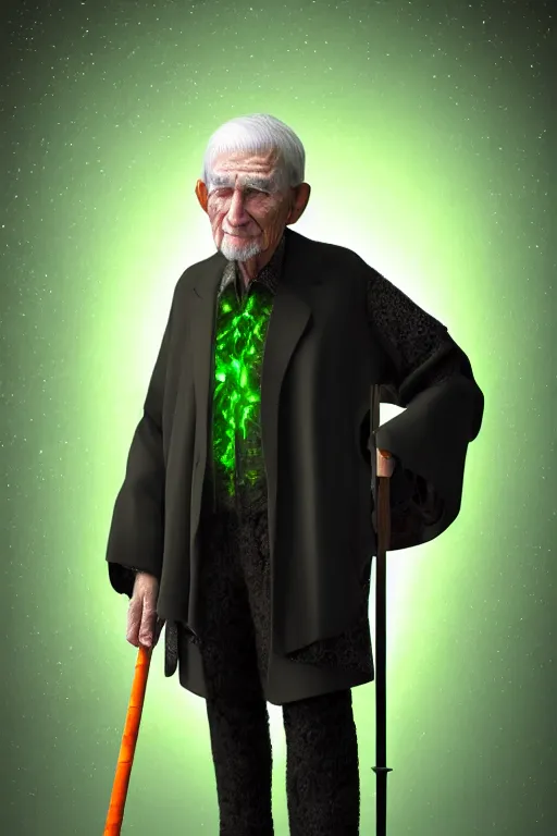 Image similar to portrait of an old man wearing layered black clothes with an elaborate walking stick that emits a soft green glow from an emerald at the top in an orange environment, Atmosphere. Realistic. Concept art. V-ray. Ultra HD. 8K. Sharp details. 50mm. f/3.5.