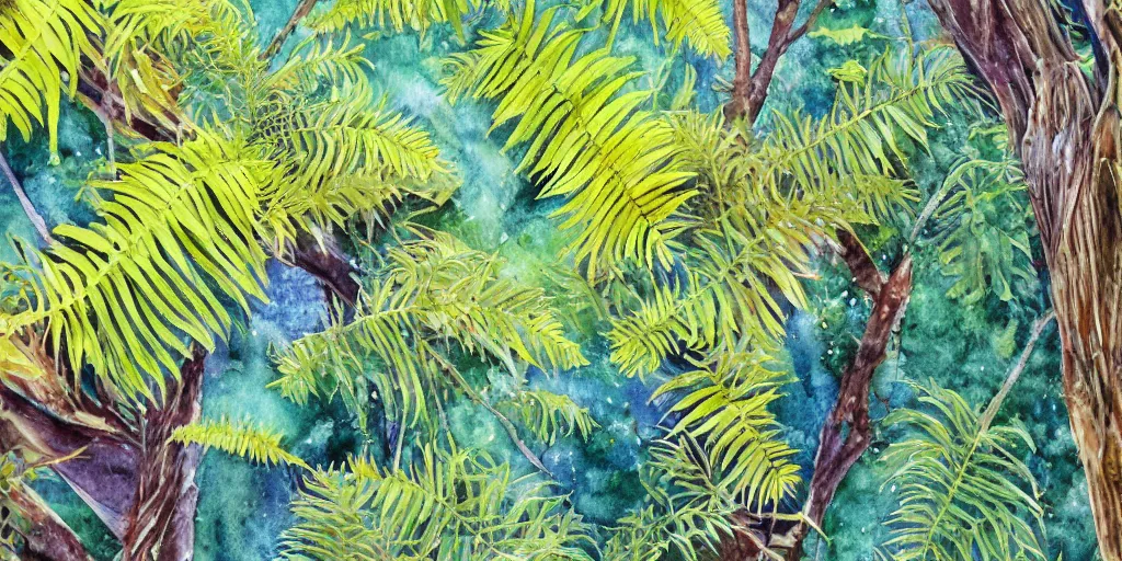 Image similar to golden bay new zealand, abel tasman, native NZ bush ferns, colorful watercolor painting, trending on artstation