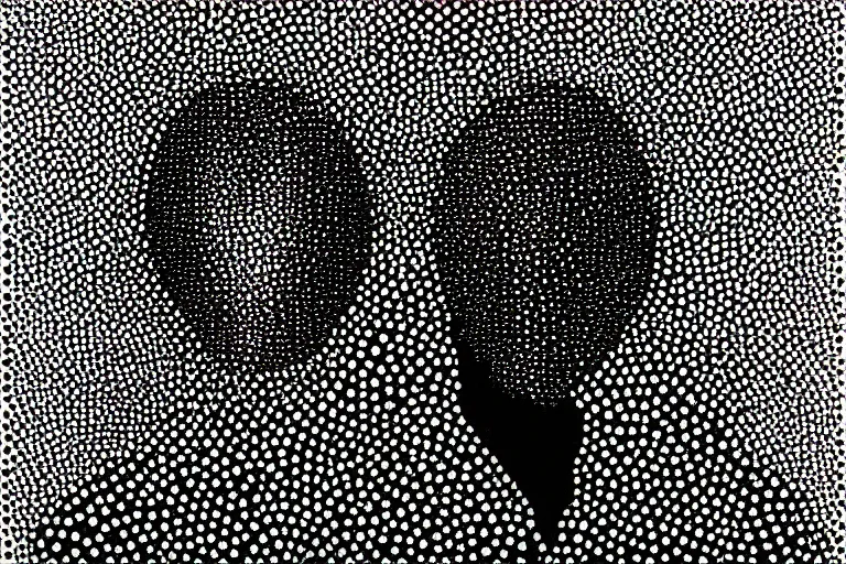 Image similar to black figure with white eyes, faceless people dark, dots, drip, stipple, pointillism, technical, abstract, minimal, style of francis bacon, asymmetry, pulled apart, cloak, hooded figure, made of dots, abstract, balaclava, colored dots