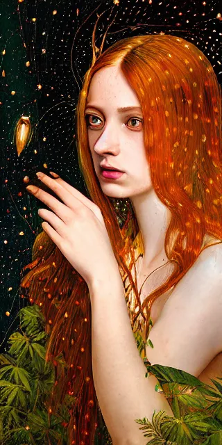 Image similar to an marveled young woman surrounded by golden firefly lights in a mesmerizing scene, sitting amidst nature fully covered, intricate detailed dress, long loose red hair, precise linework, accurate green eyes, small nose with freckles, smooth oval head, expressive emotions, hyper realistic ultrafine portrait by artemisia gentileschi, jessica rossier, artgerm